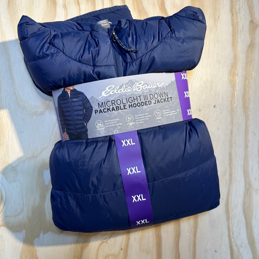 Eddie Bauer Mens XXL Microlight III Down Packable Hooded Jacket Dress Blues NEW